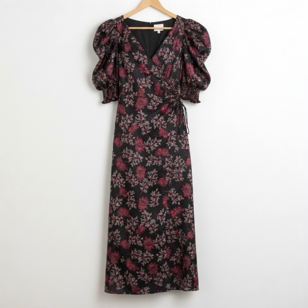 Cinq à Sept Puff Sleeve‎ Midi Dress Size 4 Black Floral Faux Wrap